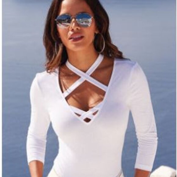 BOSTONPROPER SS CRISS CROSS NECK TOP - Picture 1 of 5